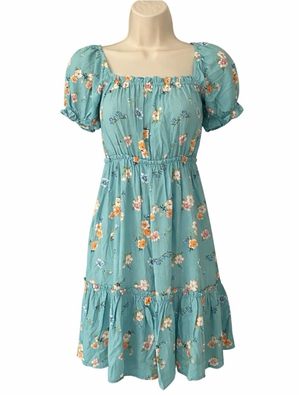 Floral Puff Sleeve Square Neck Dress - Teal Blue